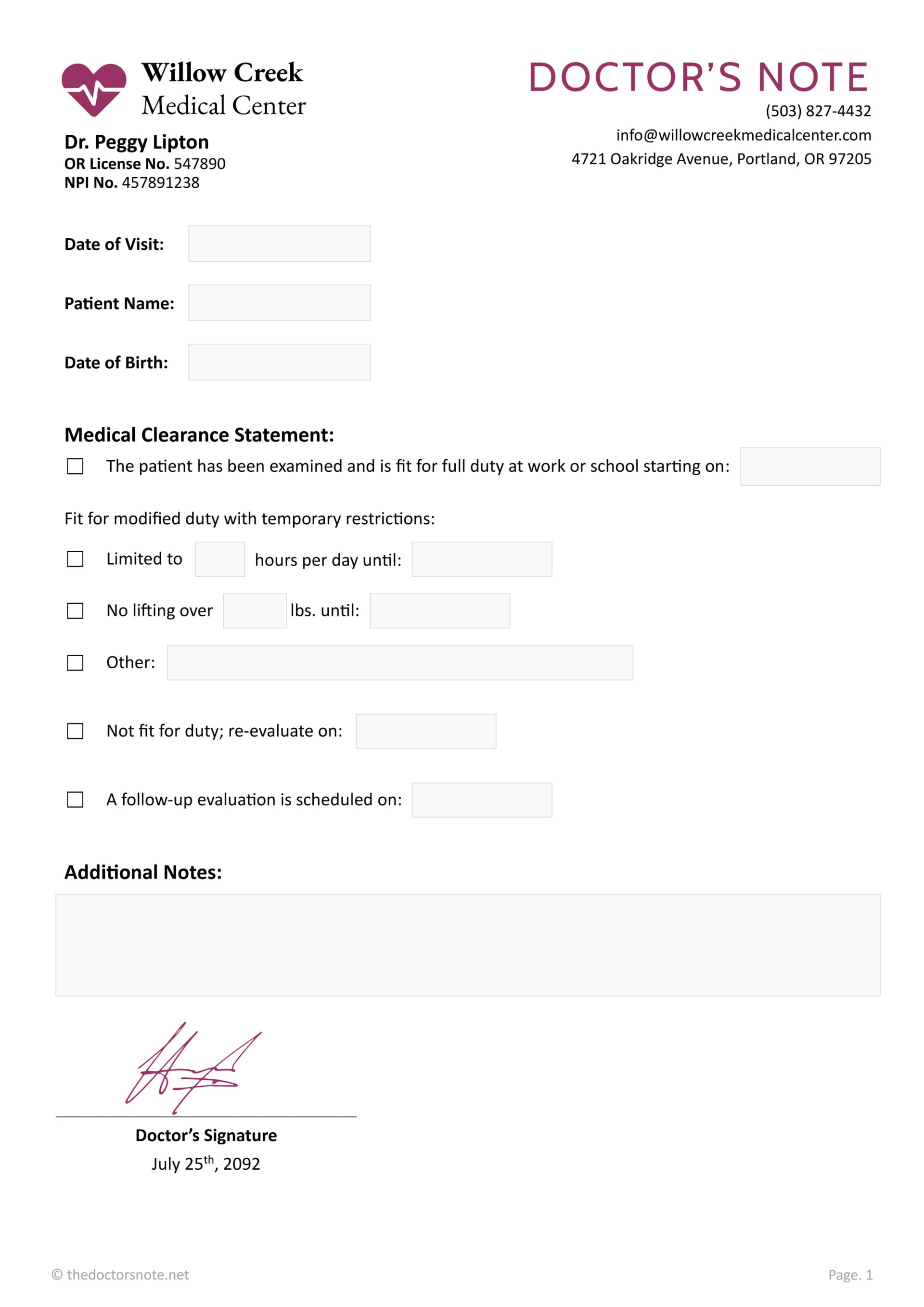 Free Doctor’s Note with Restrictions - Edit & Print