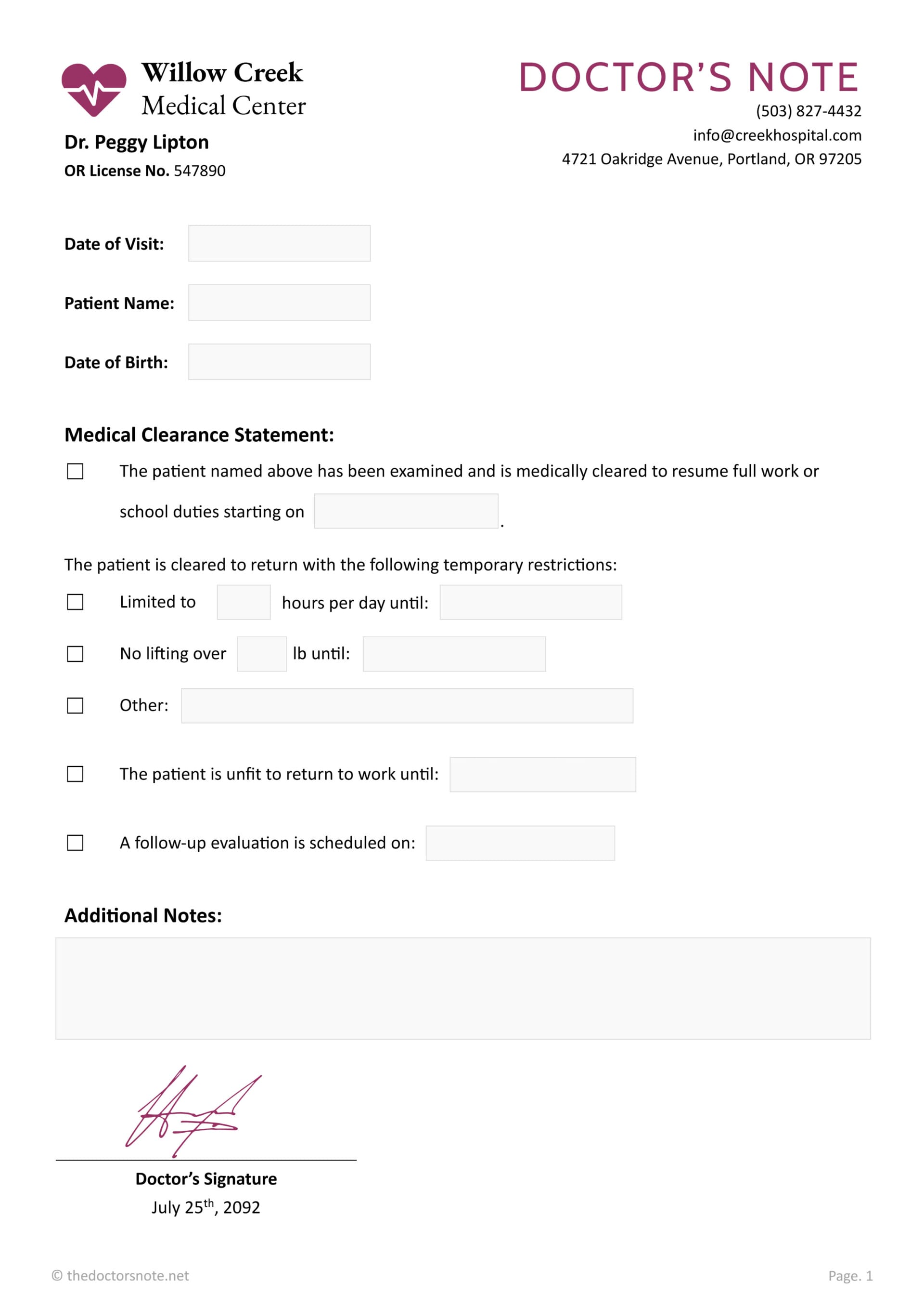 Doctor’s Sick Note Template - Edit & Print