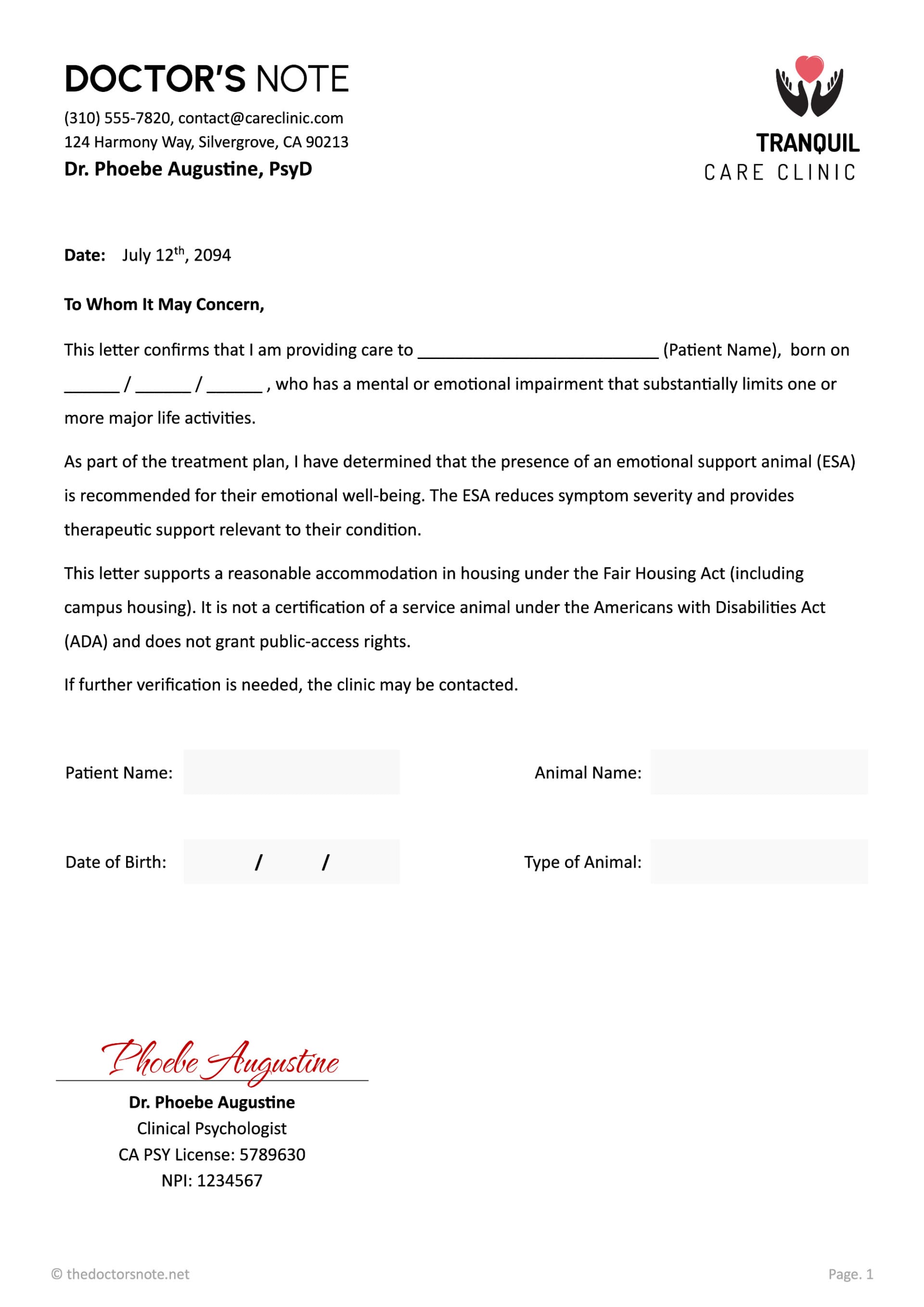 Emotional Support Animal (ESA) Letter - Edit & Print