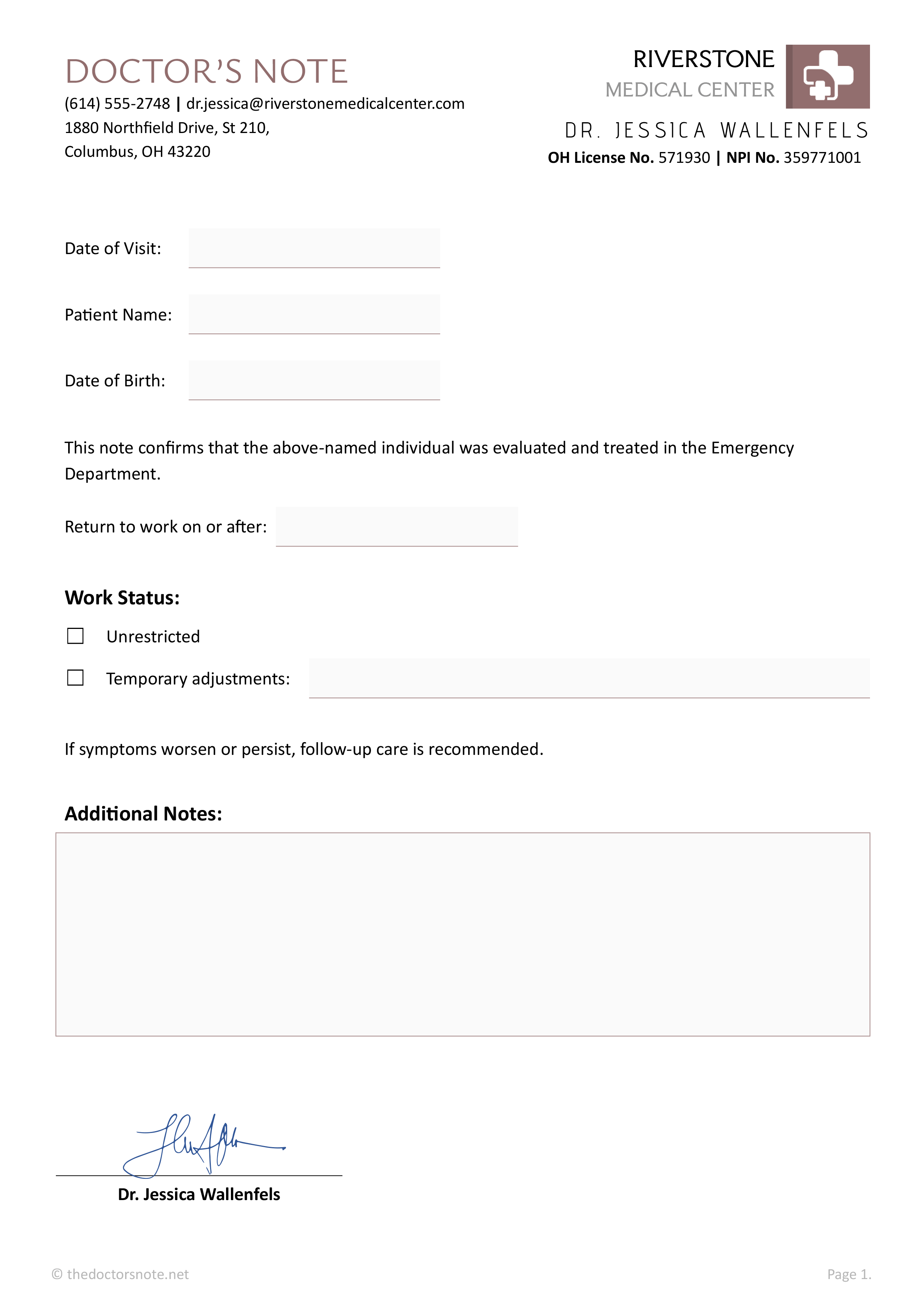 Doctor’s Note for Work Restrictions - Edit & Print