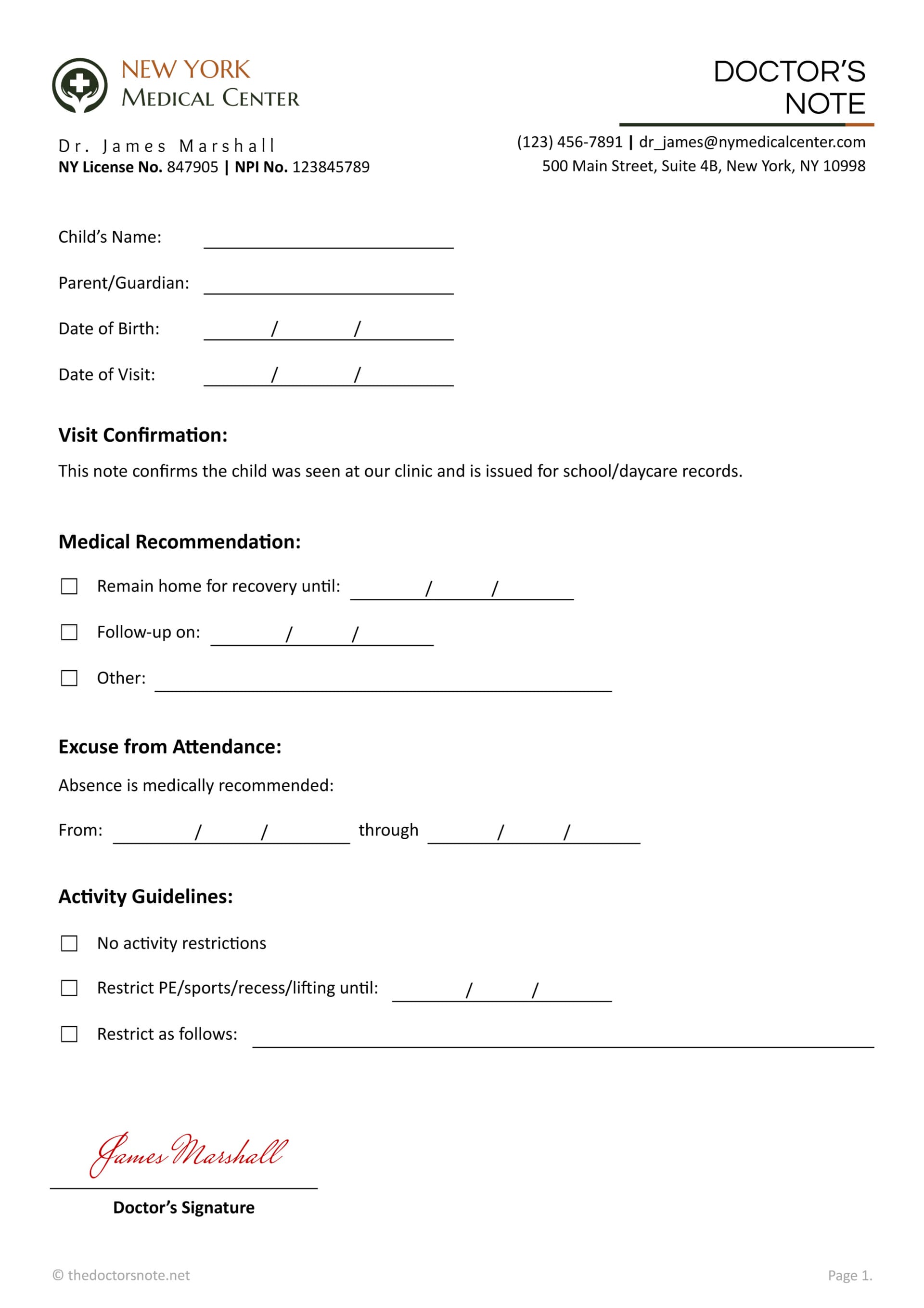 Free Doctor’s Note with Restrictions - Edit & Print