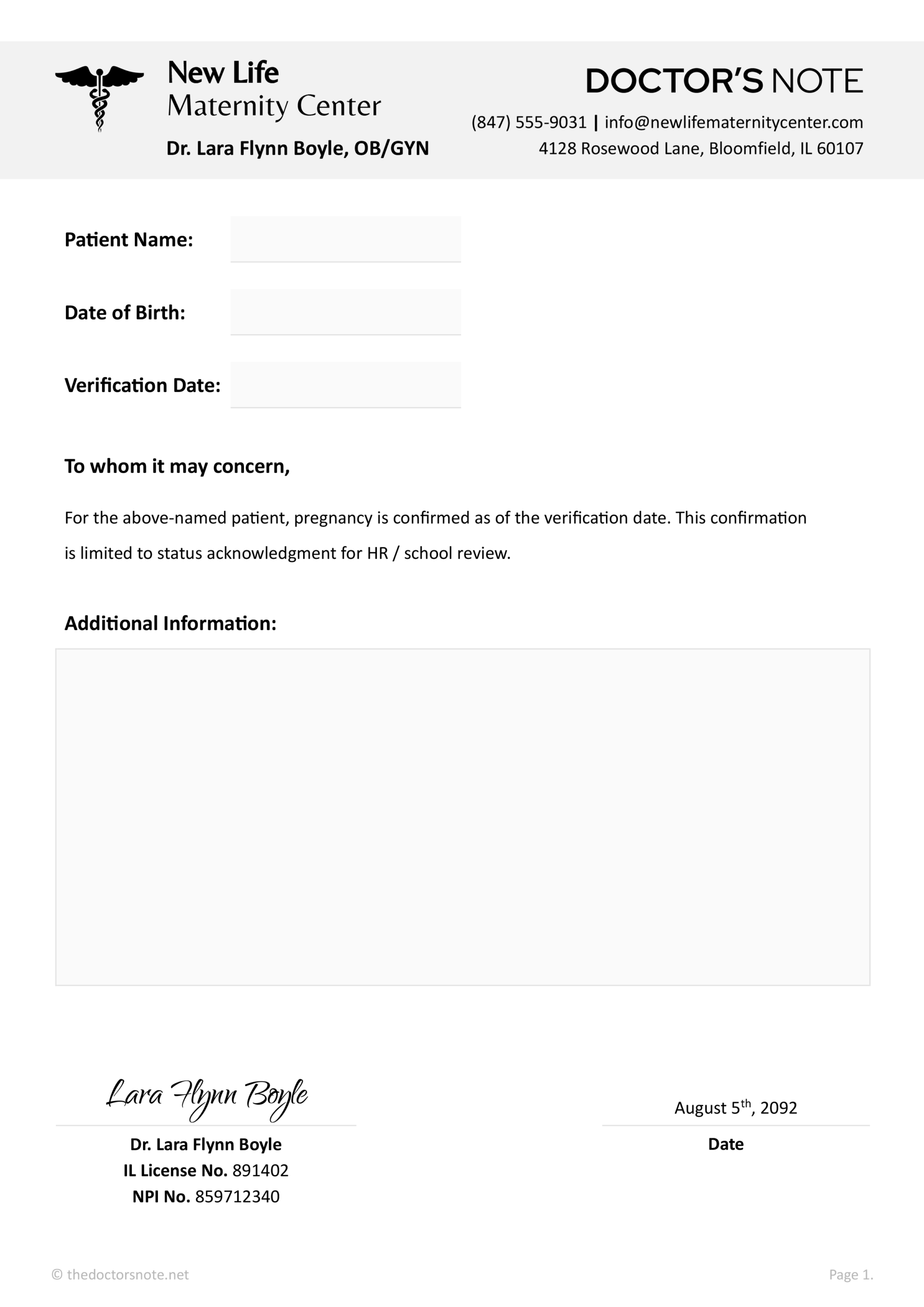 Free Pregnancy Verification Doctors Note Template - TDN
