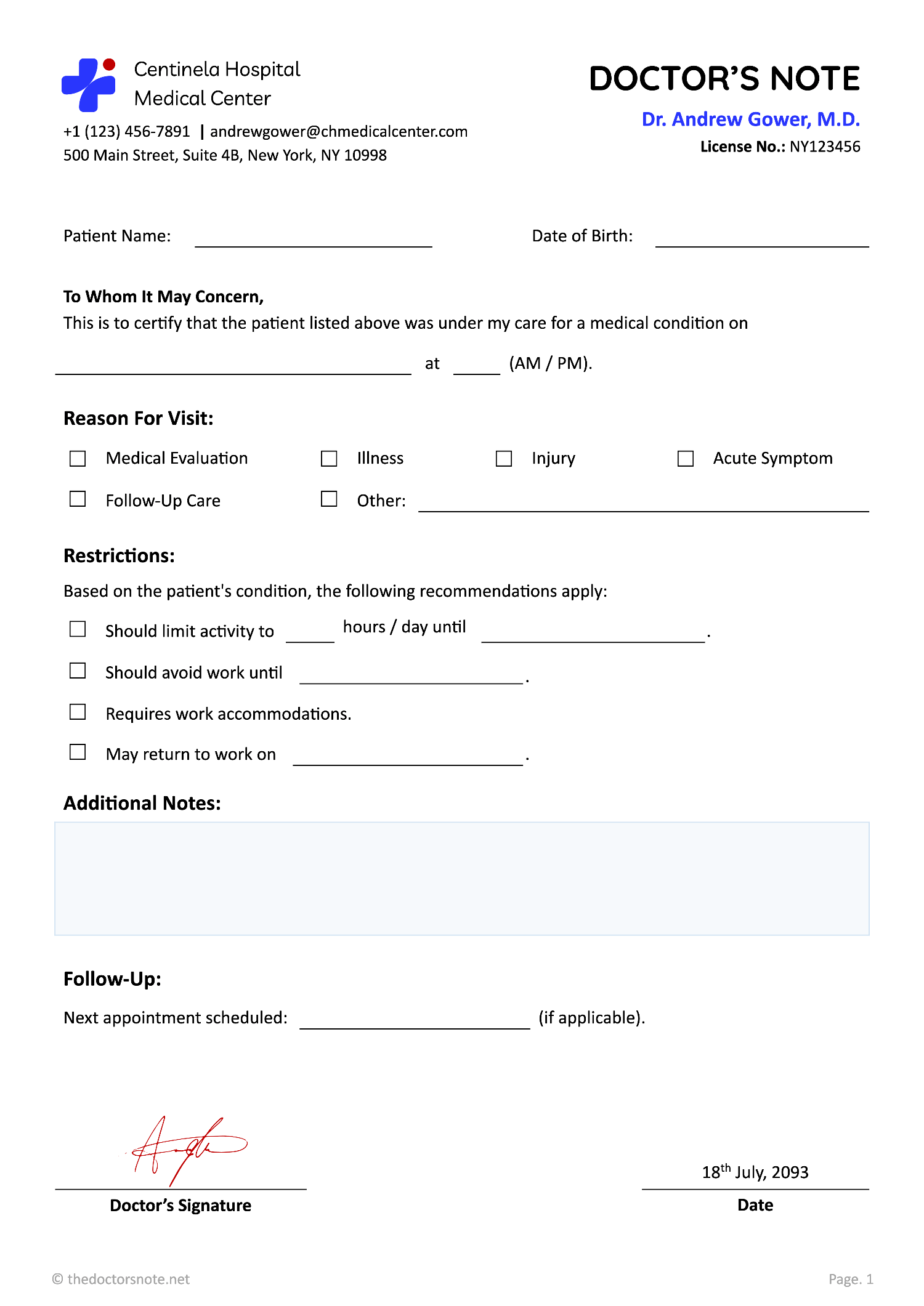 Doctor’s Note for Work Restrictions - Edit & Print