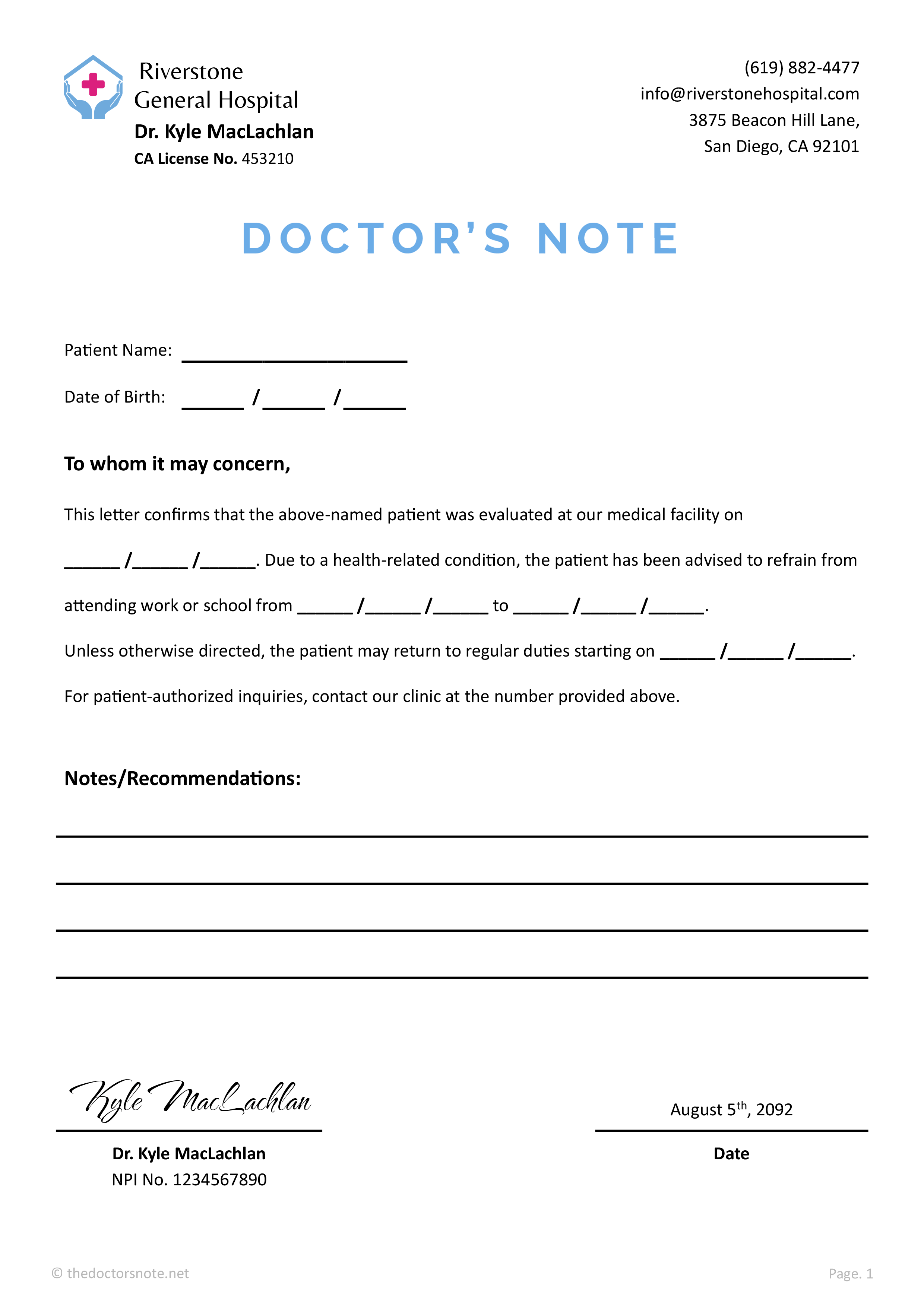 Free Doctor’s Note with Restrictions - Edit & Print